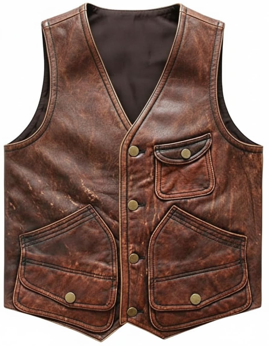 Men’s Leather Motorcycle Vest – Tan Brown Real Lambskin Street Style Biker Vest for Casual Riding