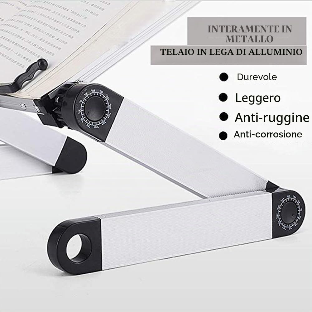 Leggio Libri -Altezza e angolo regolabili supporto per libri, Reggilibri per la Lettura con bracci in alluminio e clip per raccoglitori, leggio libro per Big Hard HardCover, ricetta e laptop iPad