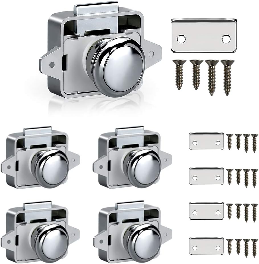 Trycooling 5Pcs Push Button Latch Kit ABS Keyless Push Button Door Lock Mini Marine Push Lock Knob for Cabinet/Boat/RV/Drawer Silver