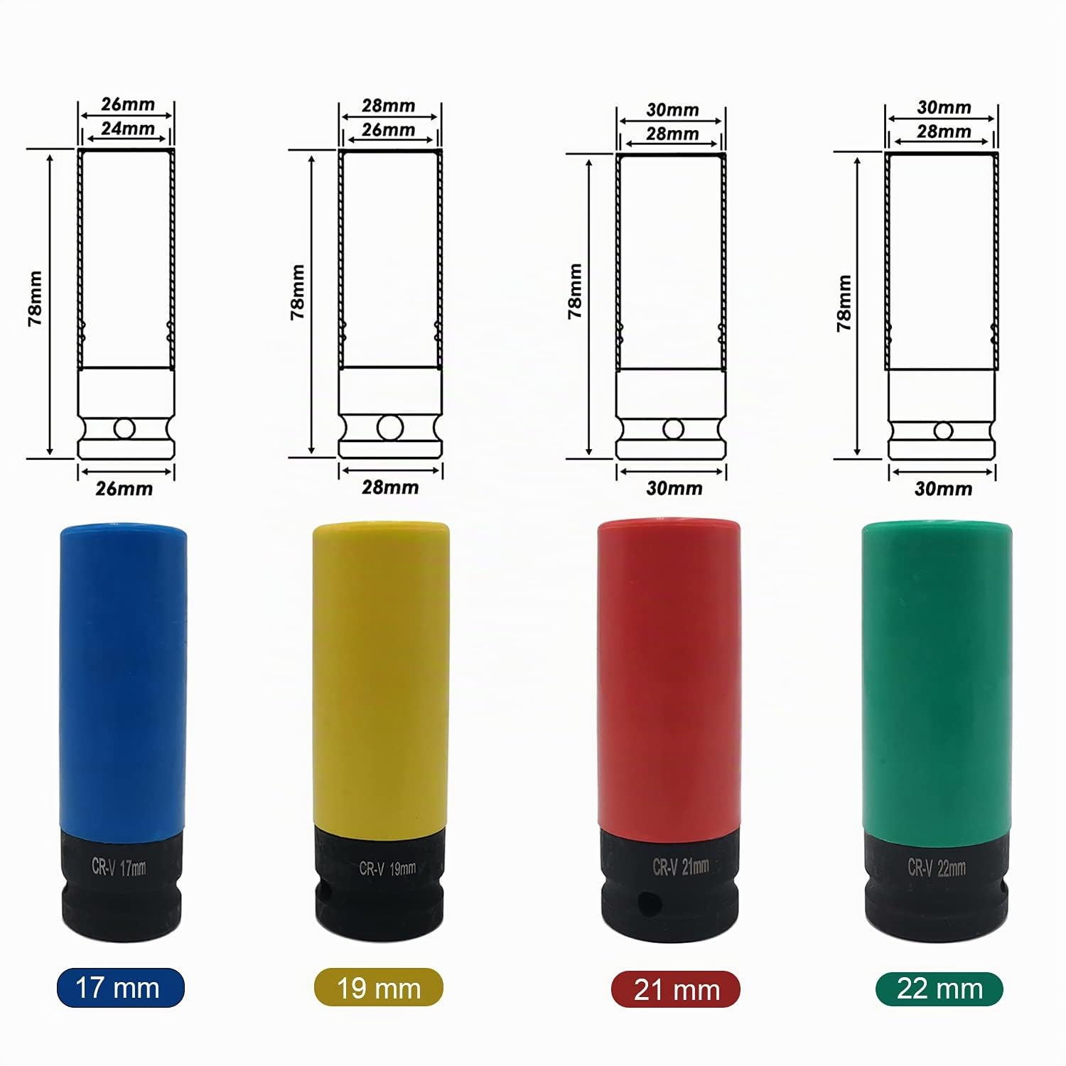 ACEBON Coffret de douilles à chocs 1/2", Spécial montage et démontage de roue, CR-V Matière, 17, 19, 21, 22 mm (4 pièces)