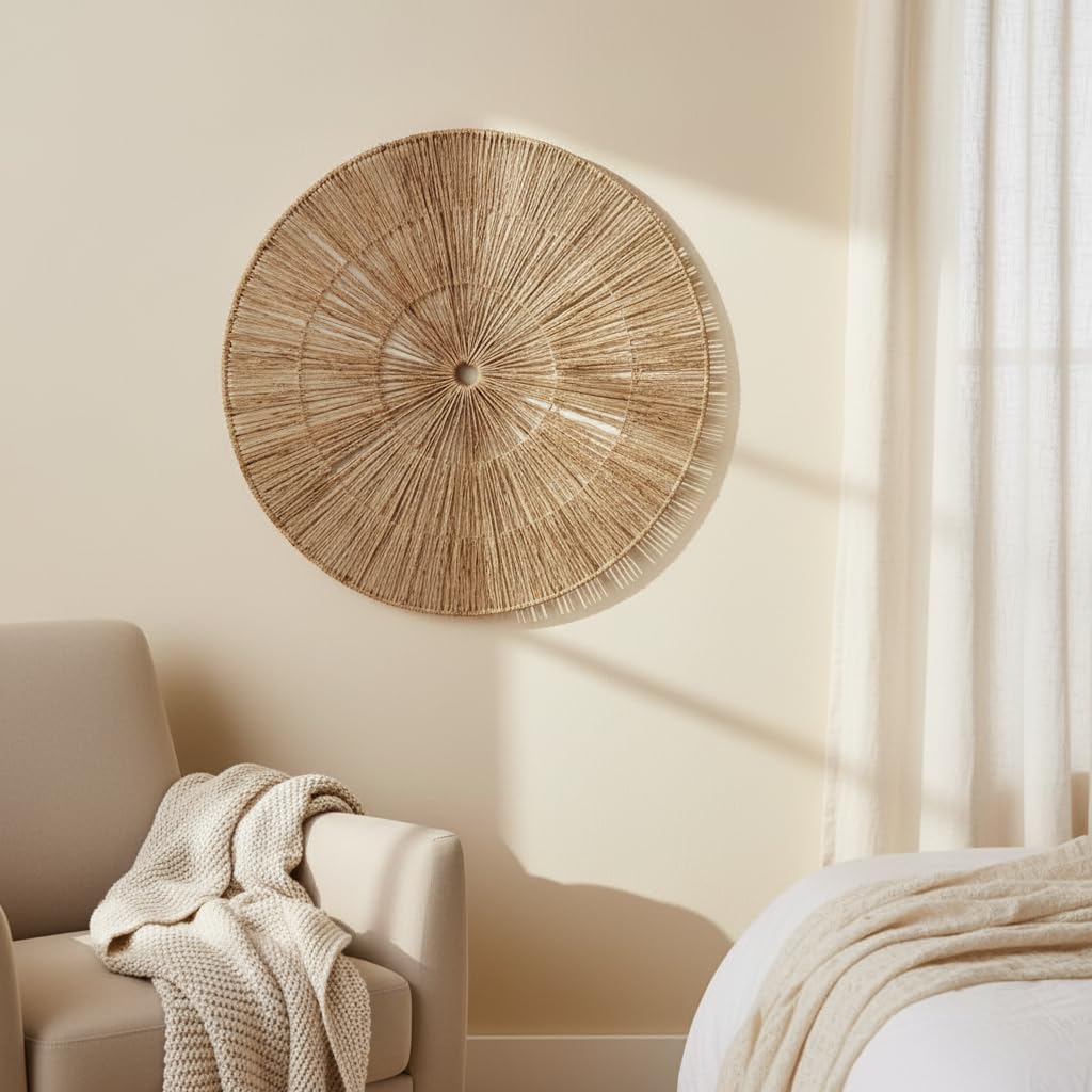 Adorno De Pared Circular De Yute Natural 60 Cm Decoración para Salón O Dormitorio Cuadro De Fibra Natural