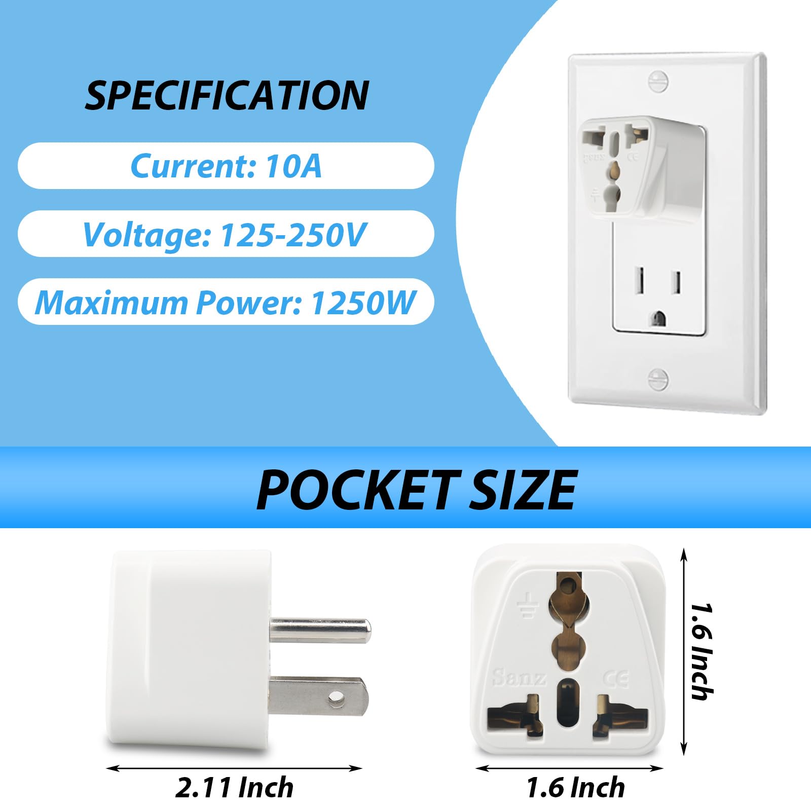 Europe to US Plug Adapter, 3 Pack UK to US Plug Adapter, India to US Plug Adapter, Universal Travel Adapter for USA, Europe Australia UK Italy to American Outlet Adapter-Type B