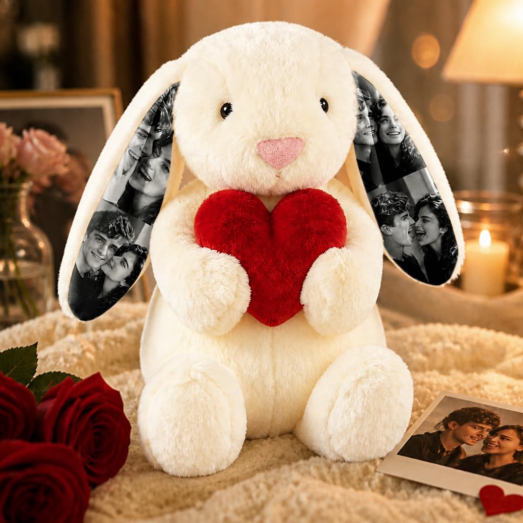 VEELU Personalised Photo Bunny Teddy Bear 26cm/40cm, Custom Keepsake Stuffed Bunny Plush with Hidden Ear Pictures, Personalised Wedding Anniversary Birthday Gifts for Women, Animal Girl, Couple