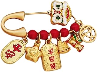 Pregnancy Protection Brooch for Women – Sand Gold Copper Alloy Pin with Cinnabar Beads, Ancient Method Safety Pendant for Expecting Mothers and Babies