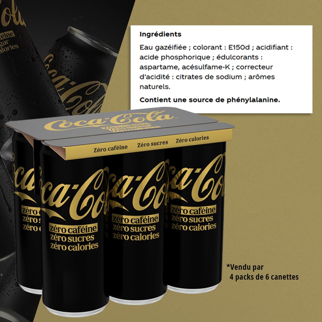 Coca-Cola Zéro Caféine, Zéro Sucres, Zéro Calories, Canettes 33cl, Lot de 24