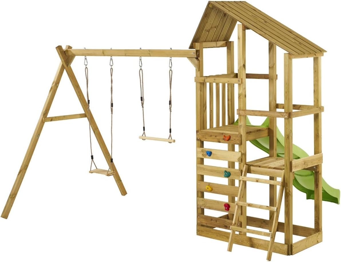 Kangui WOUPI Wooden Play Tower with swing, trapeze, slide, and climbing wall