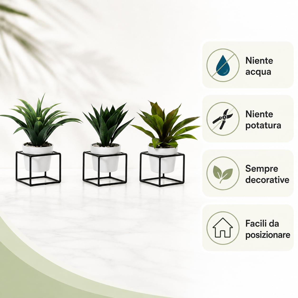 Generico Plantas artificiales decorativas con maceta blanca y base negra, 3 unidades Ø9,5 x H22,5 cm | Plantas artificiales de interior para casa, oficina, estantería, baño, salón y dormitorio