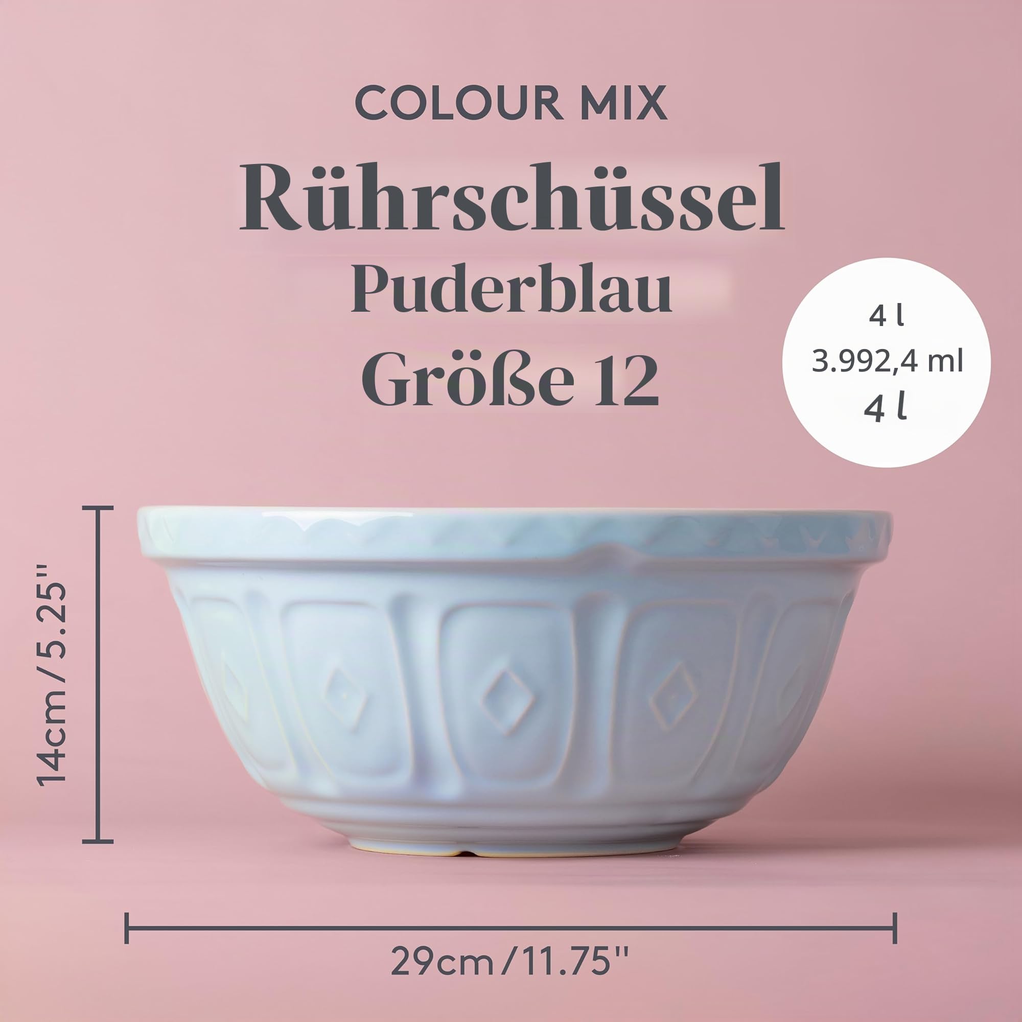 Mason Cash Rührschüssel 4 Liter, hellblaues Steingut, splitterresistent | Backschüssel, konische Teigschüssel, für Brot- und Kuchenteig, spülmaschinenfest, langlebig, robust, 1,59 kg