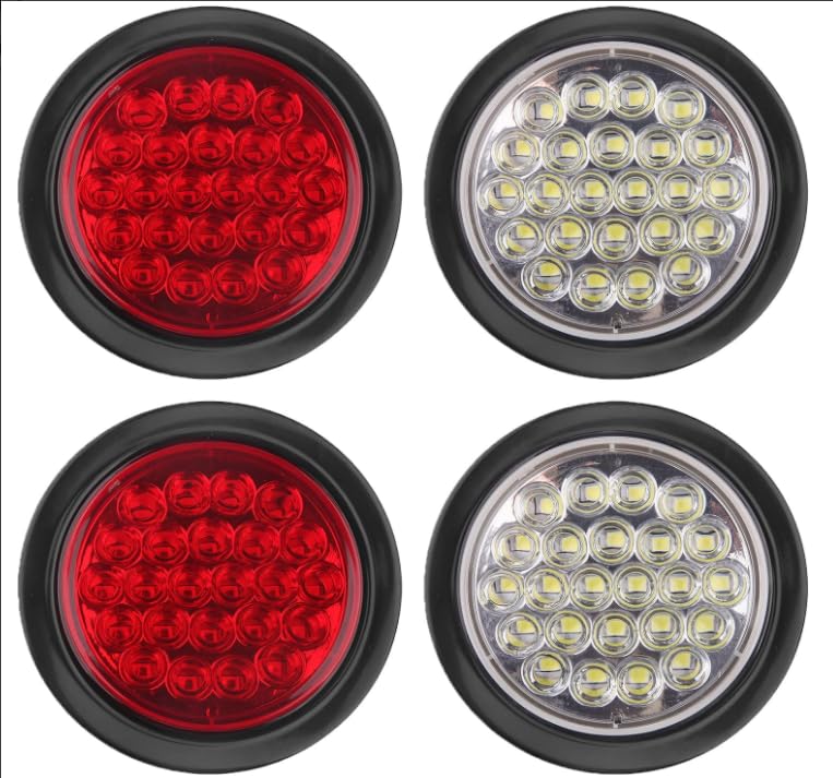 4 PCS 4 Inch Red Led Round Trailer Tail Lights, Led Backup Lights for Trucks RV, W/Lights Grommets 3 Pin Trailer Wire 12V (2 Red+2 White)