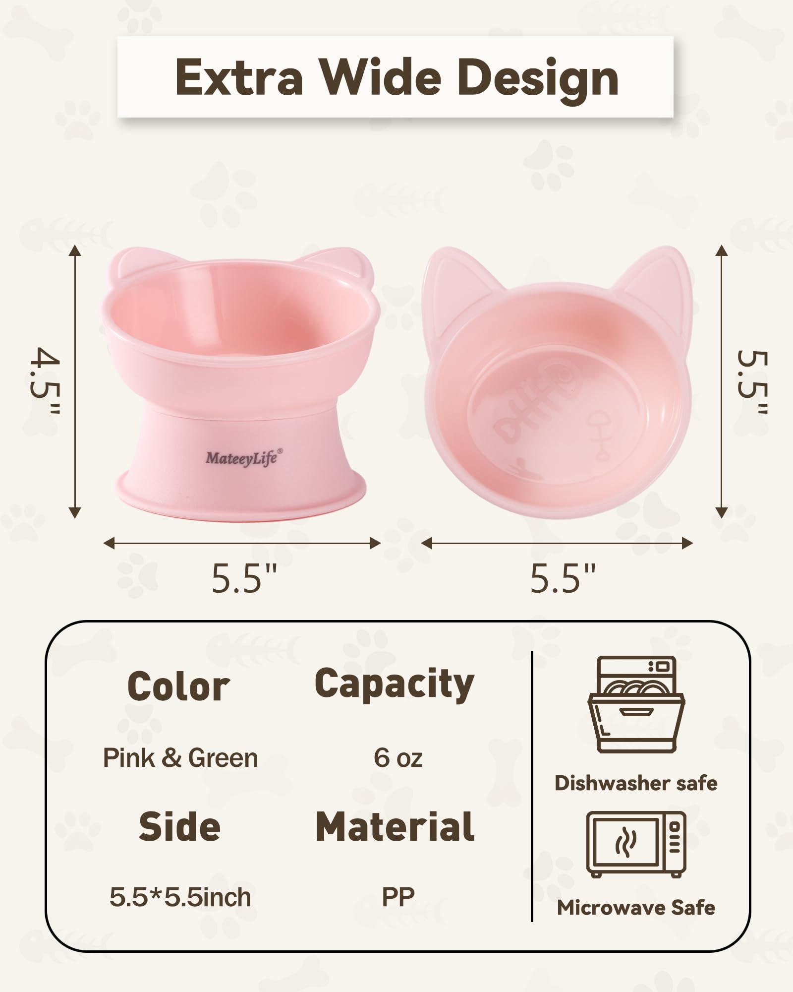 MateeyLife Ciotole per Gatti Rialzate, Set da 2 Ciotole Rialzate per Gatti con 15 Gradi, Ciotola Rialzata per Gatti da Interno e Cani di Piccola Taglia, Anti-affaticamento dei Baffi,Rosa & Verde
