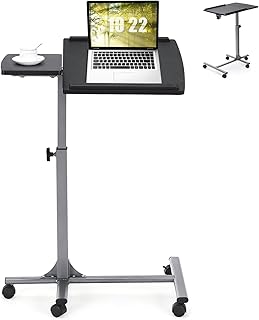 SFAREST Sit-Stand Laptop Desk with Lockable Wheels, 61-92cm Adjustable Height Mobile Standing Table with Angle-adjustable Tabletop, Rolling C-shaped Writing Computer Workstation for Home Office