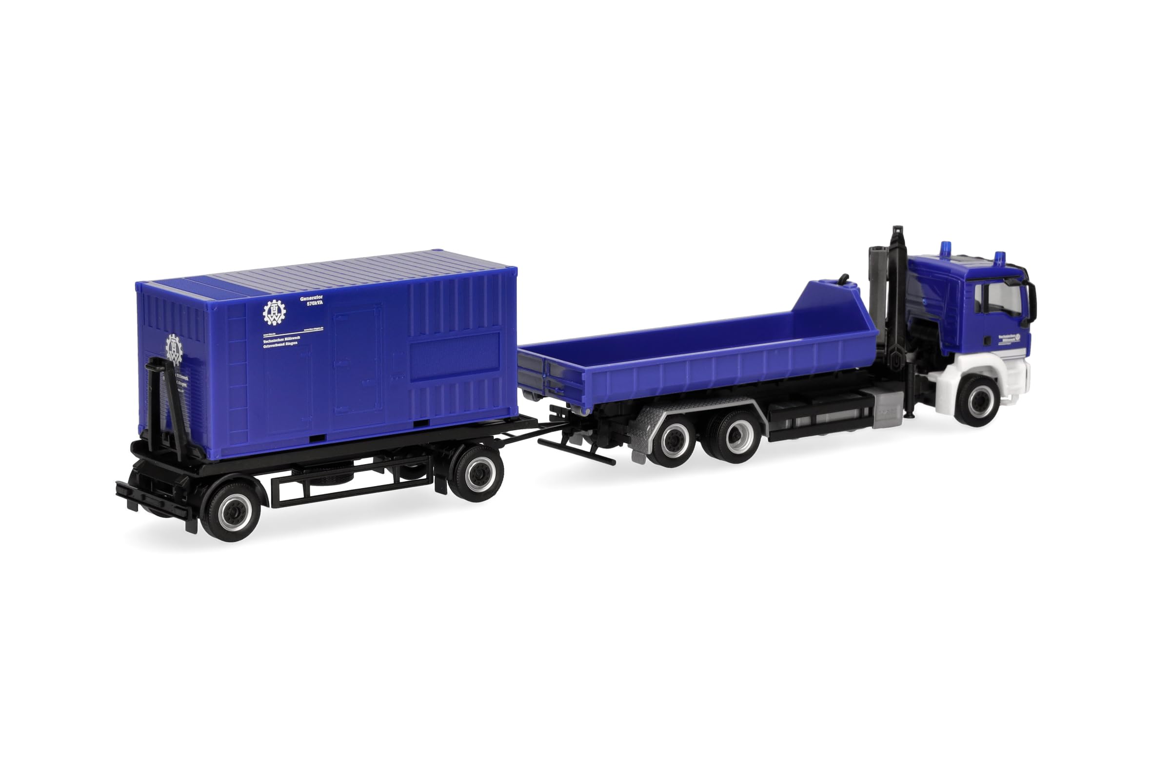 Herpa LKW Modell MAN TGS M Wechsellader-LKW mit Anhänger „THW Singen“ (Baden-Württemberg/Singen), Miniatur im Maßstab 1:87, Sammlerstück, Made in Germany, Kunststoff