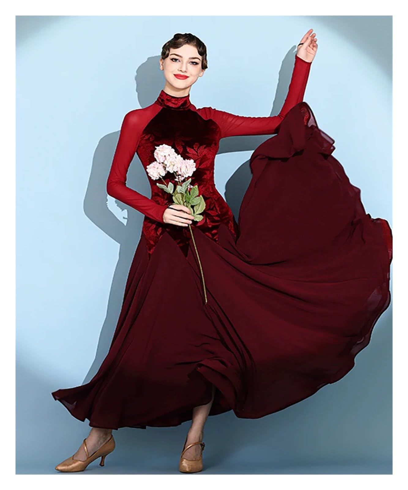 Tanzkleid Damen Ballroom Dance Damen Modern Dancewear Print Samt Mesh Walzer National Standard Social Practice Dress Gesellschaftstanz-Wettbewerbskleider