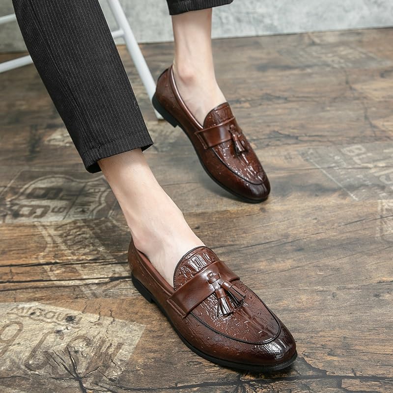 Men's Loafers Shoes Burnished Toe Crocodile Print with Tassel Vegan Leather Comfortable Flat Heel Flexible Fashion Prom Slip-on3
