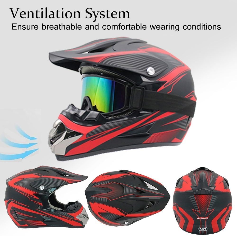 Kaski Motocrossowe Dla Dzieci, Kask Motocyklowy Dot Offroad Street Dirt Bike Dla Dorosłych I Młodzieży, Kask Atv Bmx Mx Downhill Quad Offroad Z Pełną Twarzą, Red lines, M(54-55cm)