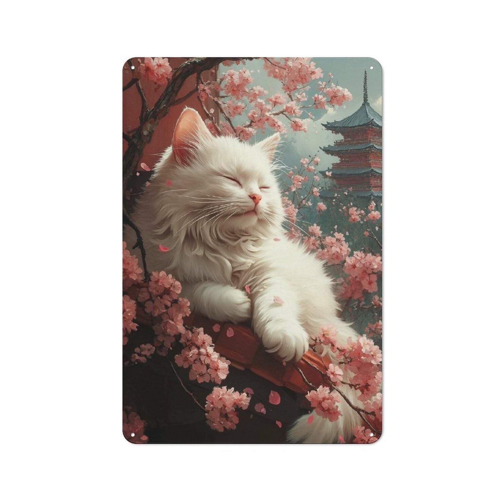 White Cat with Cherry Blossoms Tin Wall Sign 30x20cm, Country Style Bistro Wall Plaque for Coffee Bar, Kitchen, Bistro Or Tea Corner