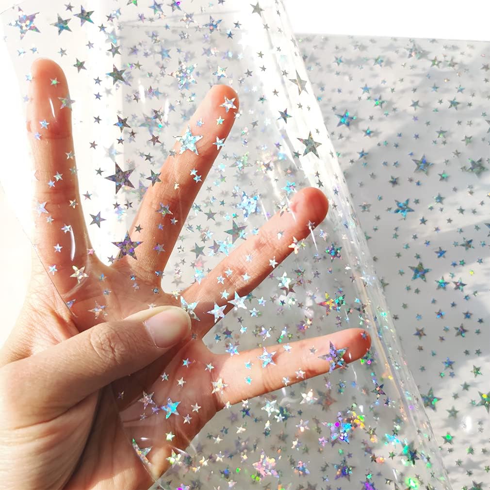 HYANG Transparent Stars PVC Super Clear Holographic Vinyl Faux Leather Sheets 1 Roll 12" x 53" (30cm x 135cm) for DIY Bows Earrings Bags DIY Crafts Making