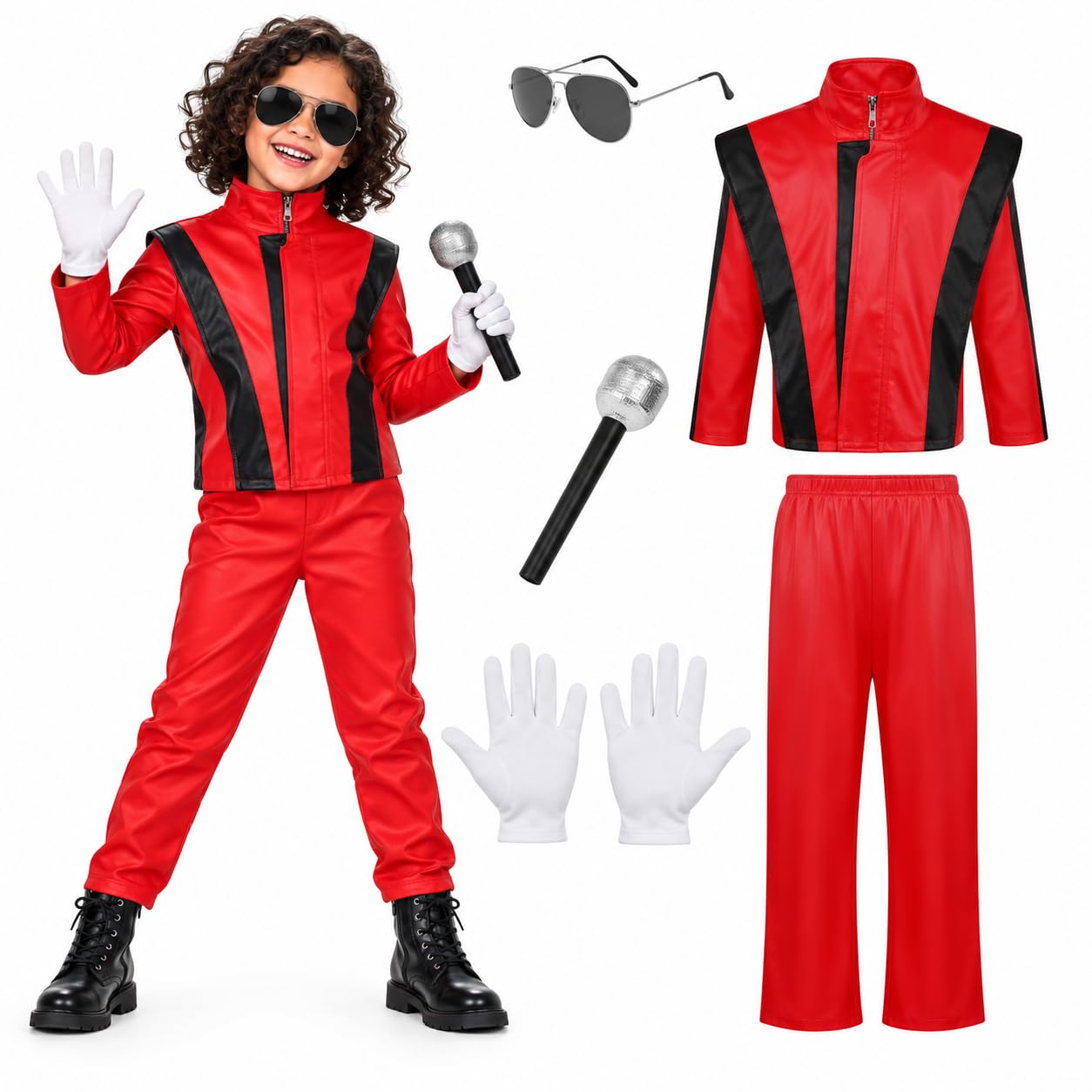 Dacnod 5 Pcs Pop Star Costume Kids Jacket Pants Hat Glasses Set Cosplay (Red, 130 (6-7Y))