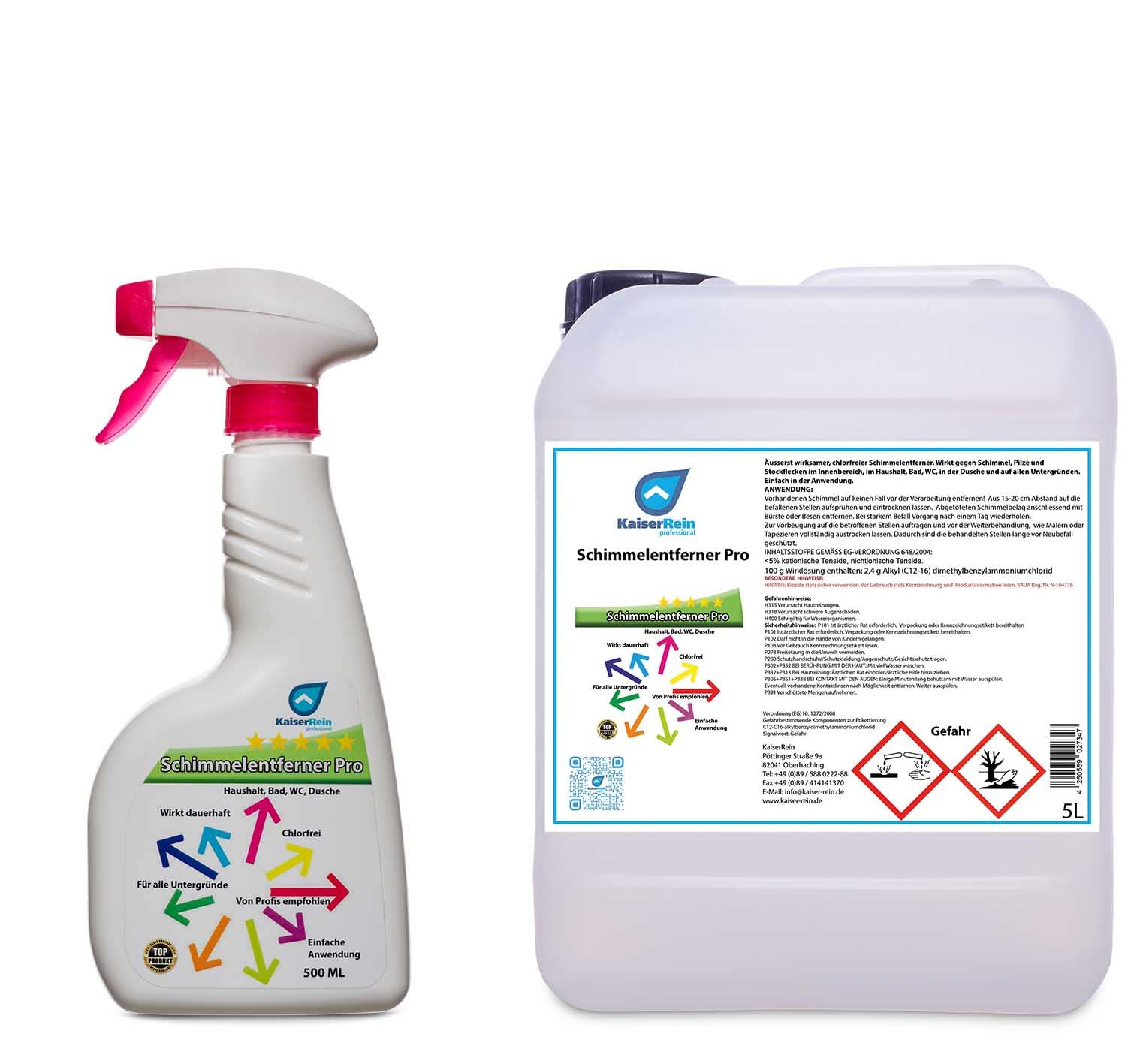 KaiserRein Schimmel-Entferner Spray 5 L und 500 ml Sprayflasche Haushalt, Bad, WC, Dusche Chlorfrei wirkt dauerhaft