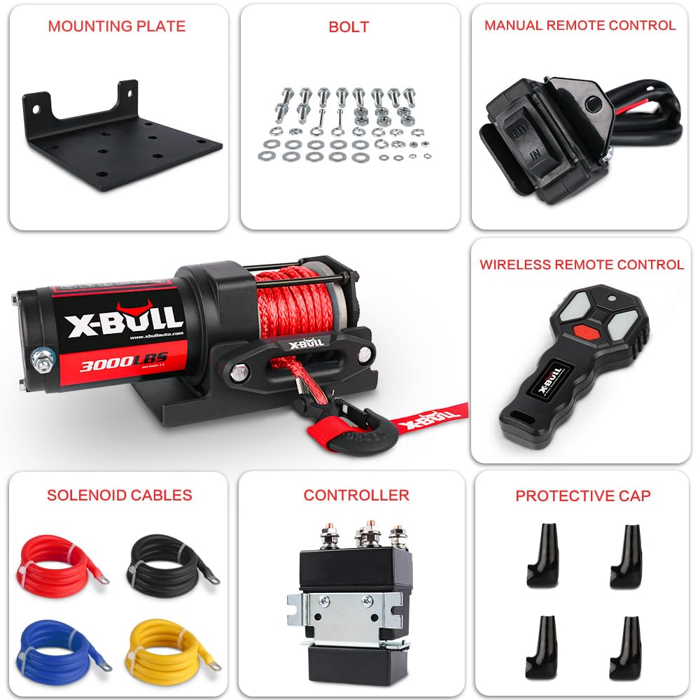 X-BULL 12V 3000LBS Electric Winch Synthetic Rope Electric Winch for Towing ATV/UTV Off Road with Mounting Bracket Wireless Remote New