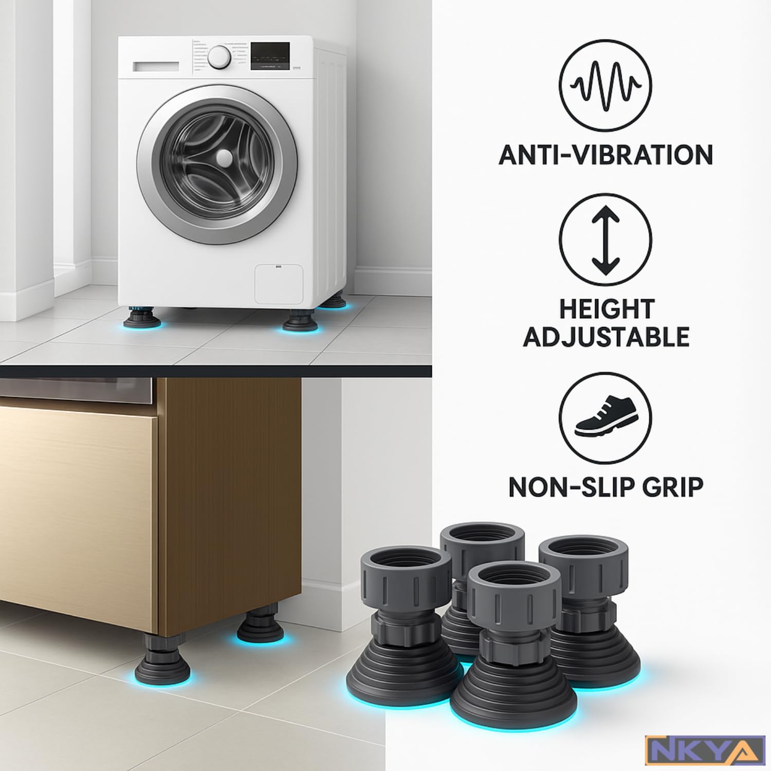 NKYA Heavy-Duty 300kg Capacity | Anti Vibration Pads for Washing Machine | Washing Machine Foot Pad 4 Pc Set | Noise-Cancelling Rubber | Height-Adjustable | Floor Protection | Fits All Types - Image 6 thumbnail