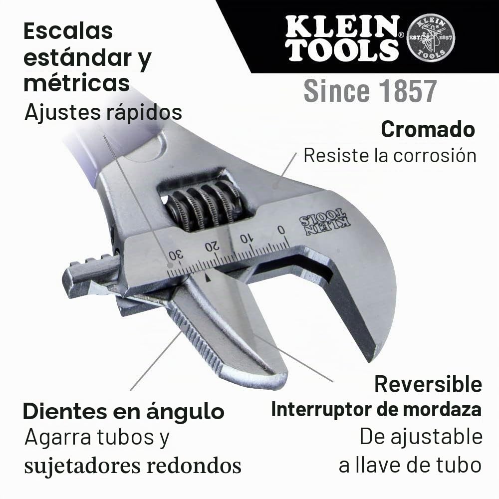 Klein Tools D86930 Llave de tubo reversible/llave ajustable con mandíbula 2 en 1 extra ancha de 1-1/2 pulgadas, 10 pulgadas