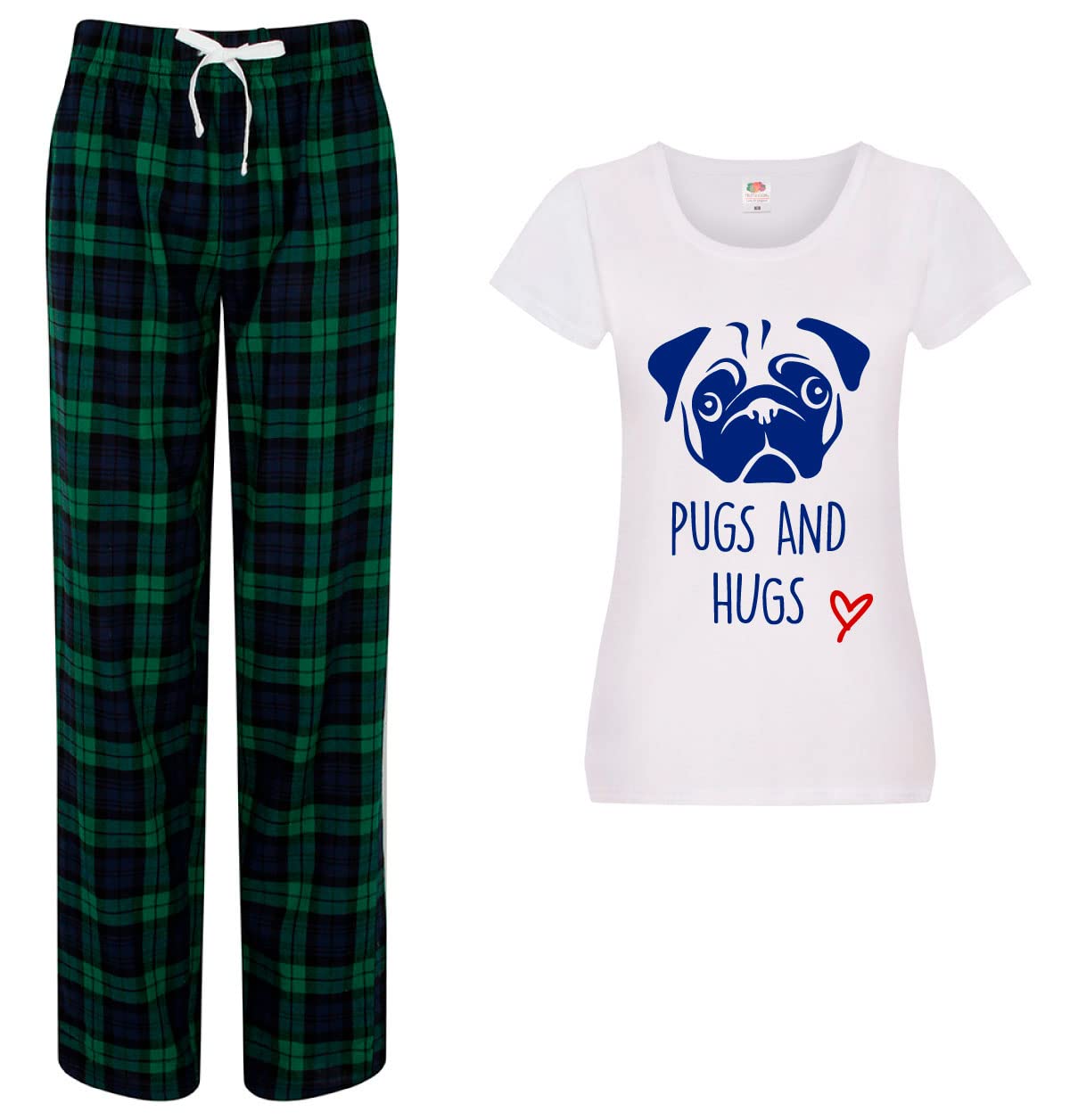 60 SECOND MAKEOVER Pugs And Hugs Pyjama Set - Ladies Novelty Pyjamas - Green - Size M
