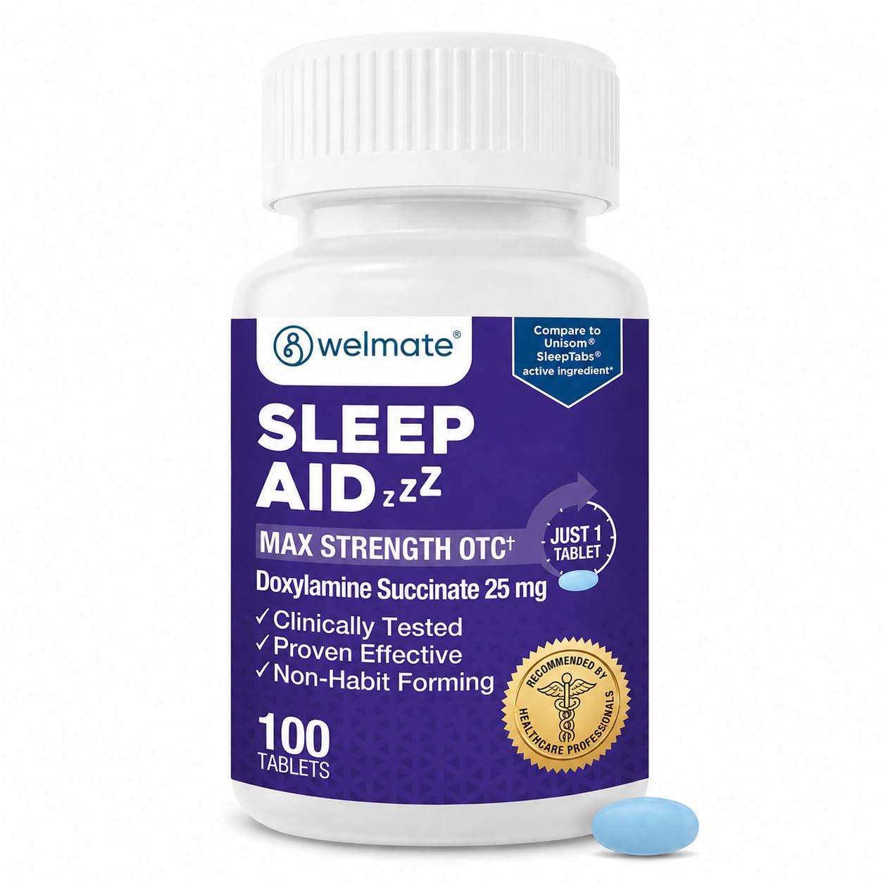 WELMATE - Nighttime Sleep Aid - Doxylamine Succinate 25 mg - for Adults &amp; Children 12+ - 100 Tablets