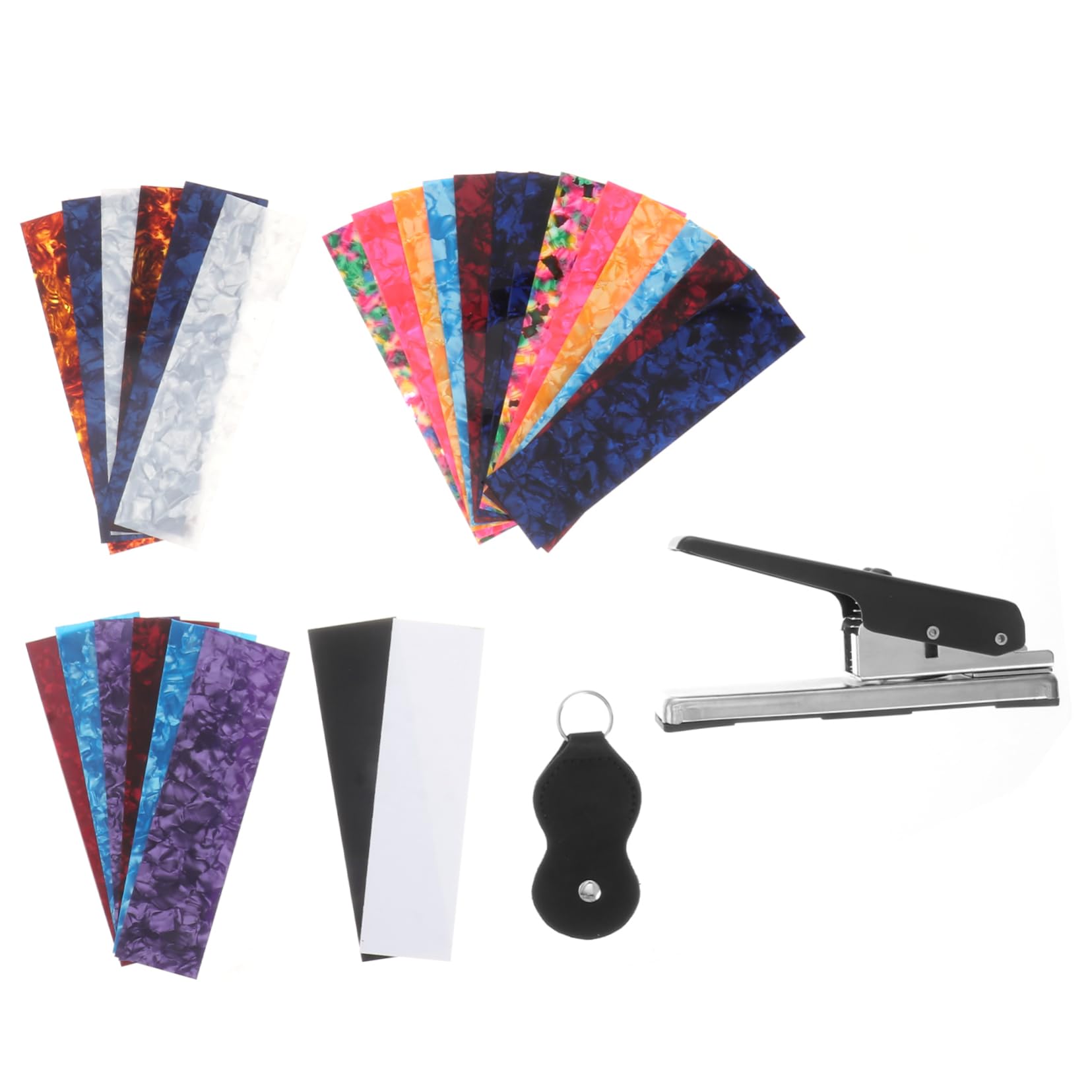 Kit Troquelador de Púas de Guitarra para Bricolaje, Juego B, 29 Piezas | Incluye Troqueladora, Clip, 2 Tiras y 25 Celuloide Lisa, sin Rebabas, Compacta, Resistente al Óxido
