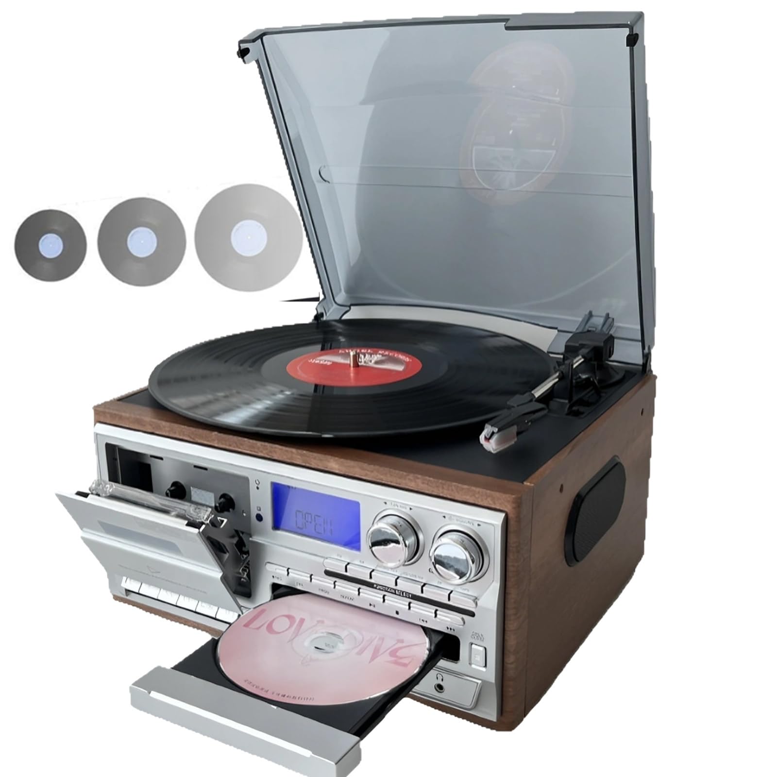 Lettore CD e cassette classico con riproduzione USB/SD, radio AM/FM, sistema audio per gli amanti della musica, compatibile con vinile, design retrò