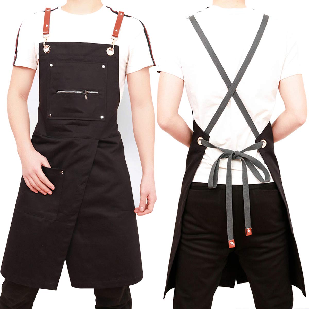 ABenxxou Delantal Negro - Pierna Partida - Ajustable para Hombres Y Mujeres - Pro Chef, Barista, Bartender, Baker, Estilista, Tatuaje, Artista, Delantales De Servidor,Negro