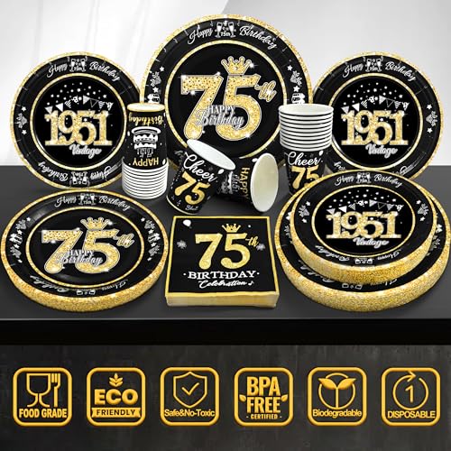 Image of 75th Birthday Decorations Black and Gold, Service for 30, Vintage 75th Birthday Party Supplies Includes Black Vintage 1951 Plates, Napkins, Cups, Plates and Napkins for Men Women