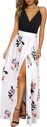 Newshows Women's Summer V Neck Spaghetti Strap Floral Sleeveless Casual Split Long Maxi Dress