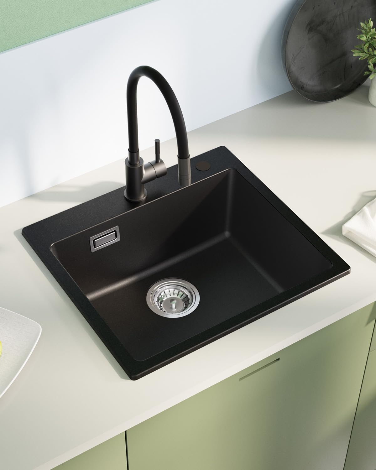 Sofetiy Küchenspüle Schwarz Granit 50x45cm, Spülbecken küche, Spüle Schwarz, Waschbecken Küche Eckig, Granitspüle, Moderne Einbauspüle Set, Spüle mit 2 Hahnlöcher, 1 Becken