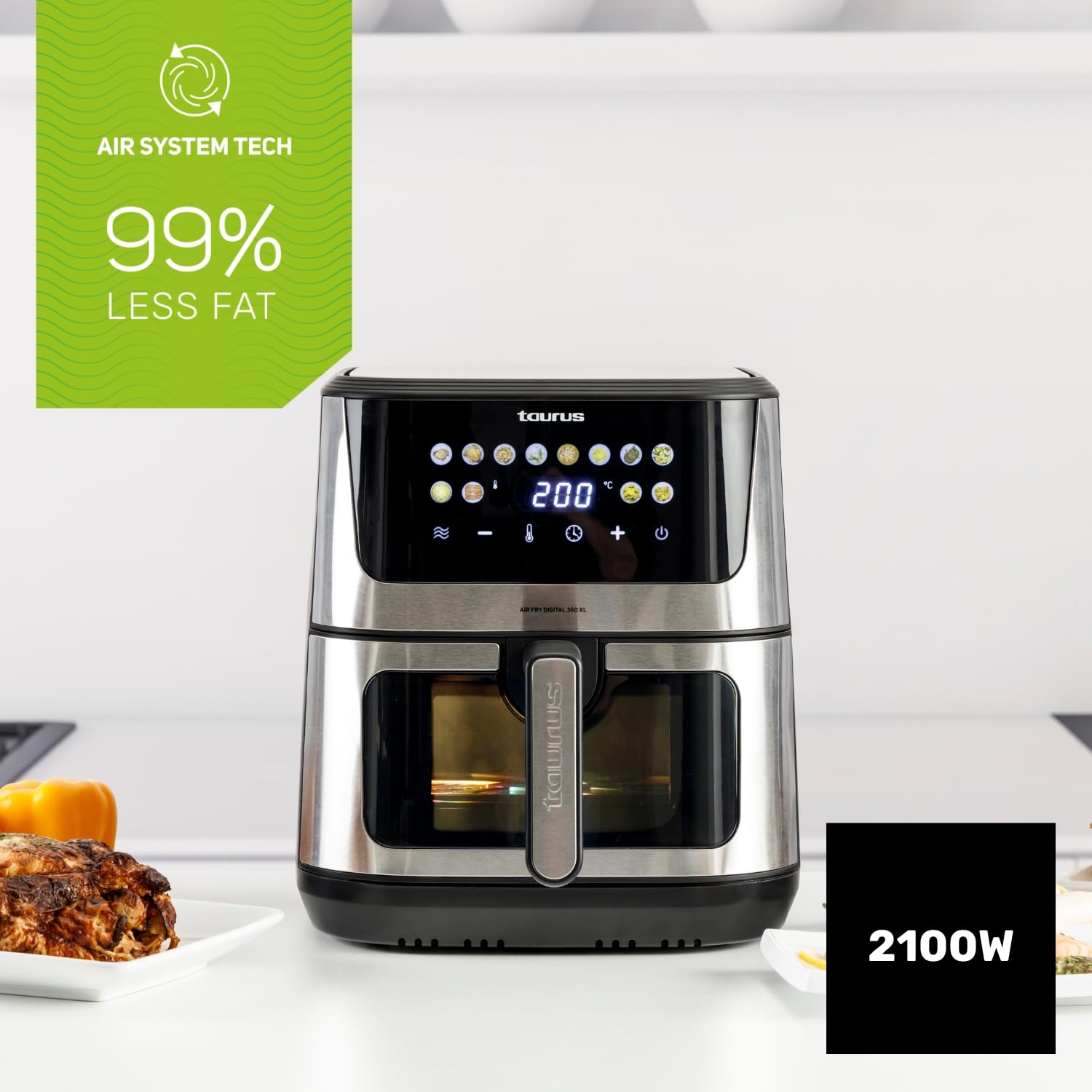 Taurus – Freidora aire Air Fry Digital 360 XL | 2100W | 8L | 12 programas | Pantalla táctil | Doble resistencia | Interior metálico | Precalentado | Libre de BPA y PFOA | Recetario online