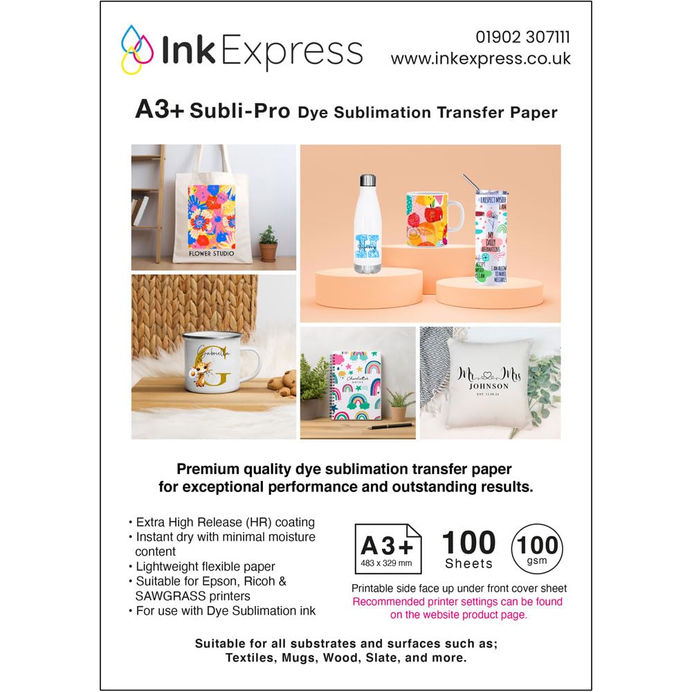 Ink Express Subli-Pro A3+ 100gsm Dye Sublimation Transfer Paper Compatible with EPSON, SAWGRASS, RICOH, Brother Sublimation Printers (100 Sheets)