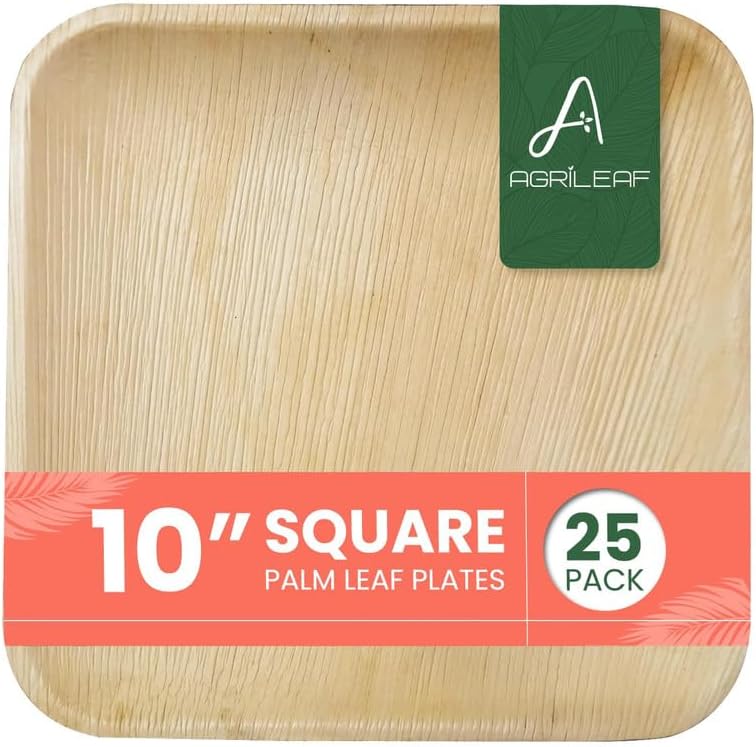 AGRILEAF Palm Leaf Disposable Plates 10 Inch Square | 25 Pack Eco ...