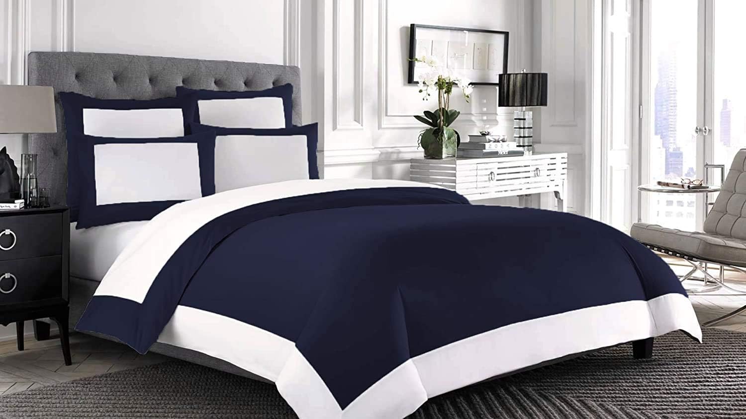 100% Egyptian Cotton - 400 TC Solid 1 Piece Designer Border Reversible Duvet Cover Zipper Closure -King Size- Navy/White