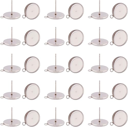 Miniatura 7 de Pandahall - 100 aretes de acero inoxidable con ajuste de cabujón de 0.472 pulgadas (0.472 in), bandeja de bisel redonda plana con lazo para hacer