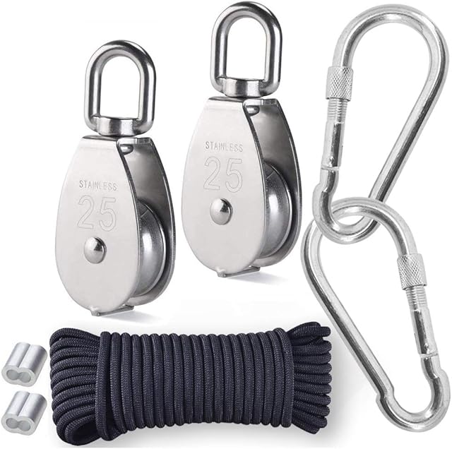 2PCS M25 Single Pulley Block for Lifting with 6mm Rope x 20M, 304 Stainless Steel Crane Pulley Block with 2 x M8 Spring Snap Hook Carabiner & Nylon Rope, Pulley Crane Swivel Hook Cable Loading 331lbs