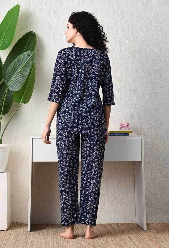 Image of Ichaa Women's Cotton Printed Round-Neck Night Suit Set with Pocket