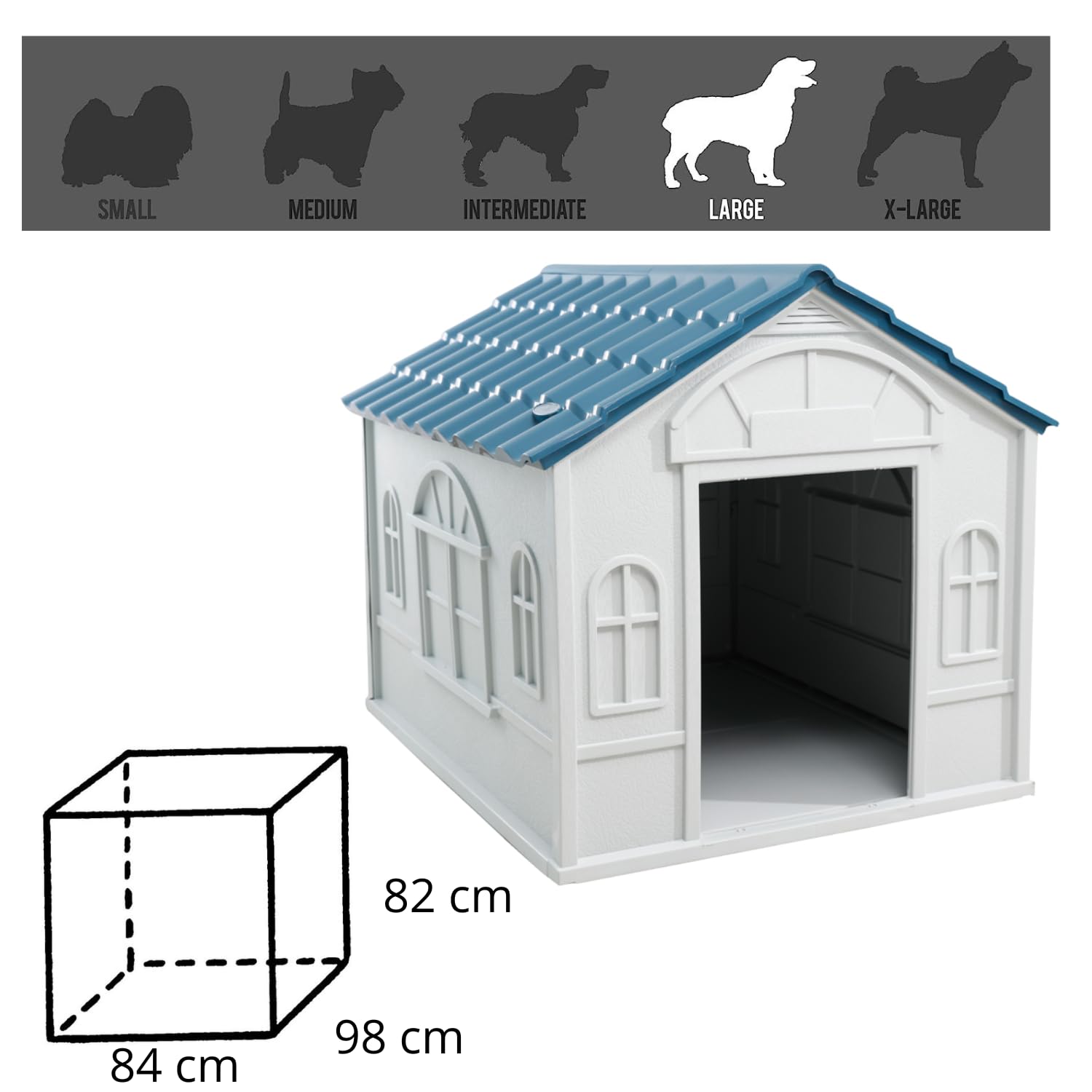 Lanco - Cuccia per Cani di Media e Grande Taglia. Uso interno ed esterno con ventilazione. Materiale resistente. 98x84x82 cm. Blu e bianco.