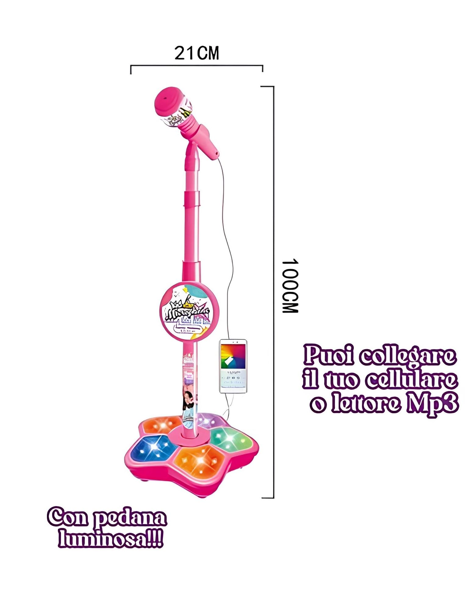 Microfono Karaoke K pop Idols Stars con Asta Regolabile e Pedana Luminosa, Luci LED, 100 cm, Giocattolo per Bambine - Idea Regalo