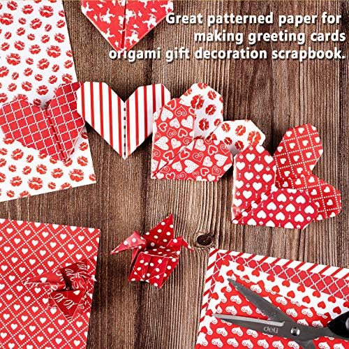 Whaline 60 Sheet Valentine Pattern Paper Set Double-Sided Decorative Paper 5.5 x 8.3" Red Heart Lip Stripe Pattern Premium Specialty Paper Origami Paper for Card Making Die Cuts Scrapbook Gift Decor