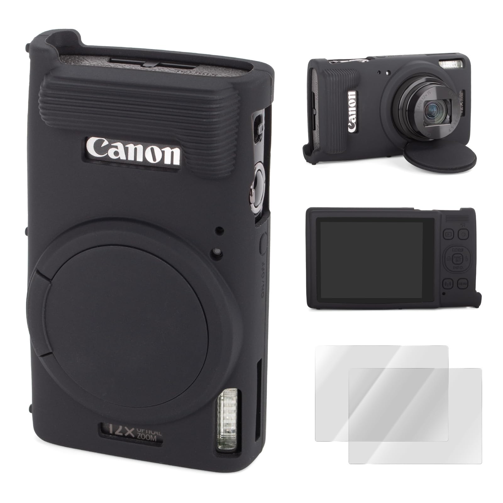 Rieibi Custodia per fotocamera Canon Canon IXUS 285 HS, accessori per fotocamera Canon IXUS 285 HS con 2 pellicole protettive per schermo e copriobiettivo staccabile, Leggero e pratico, Nero