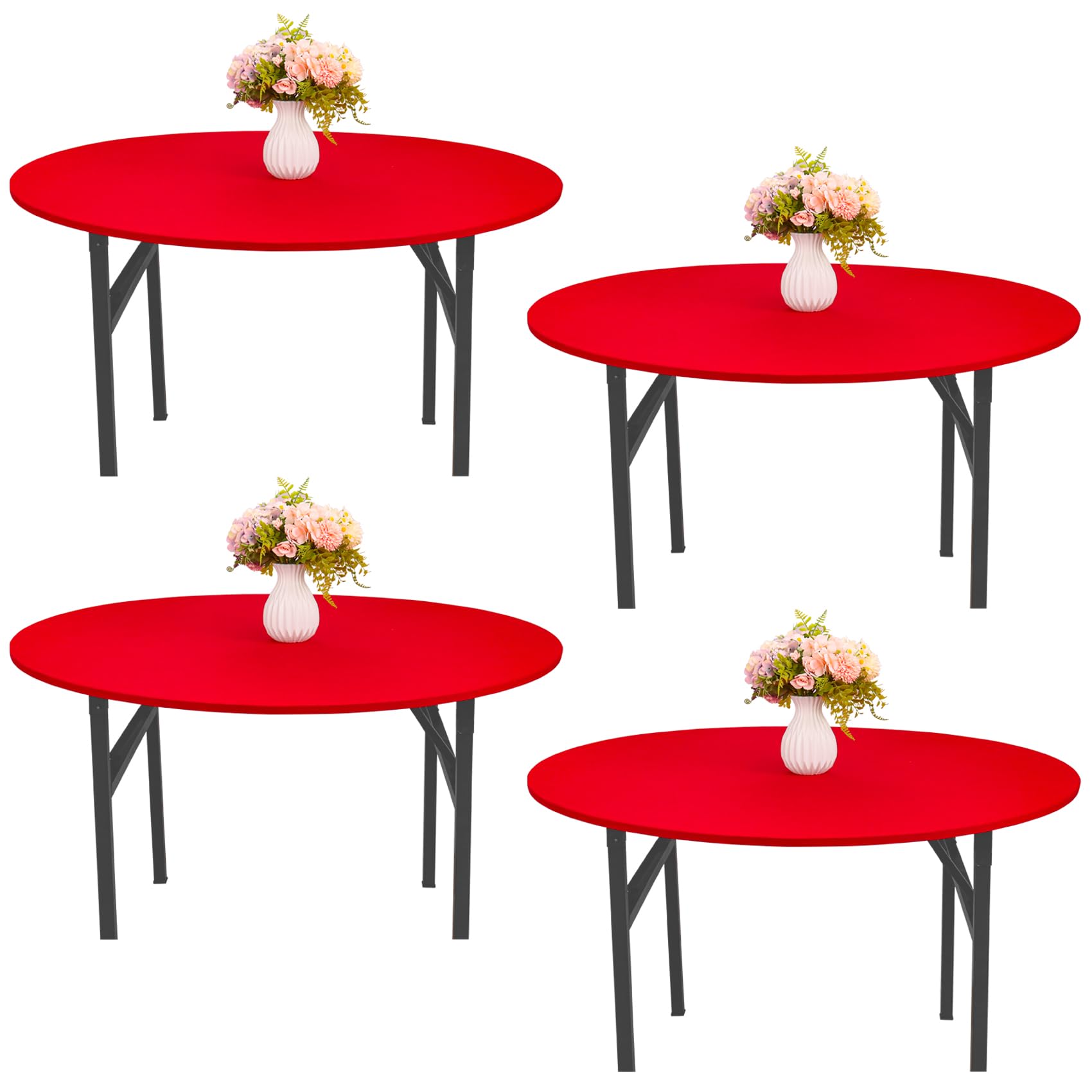 4 Pieces Round Spandex Tablecloth Table Top Cap Cover Stretch Fitted Tablecloth for 6 Foot Round Tables Washable Elastic Round Tablecloth Table Protector for Indoors Outdoors (Red,6 Foot Round)