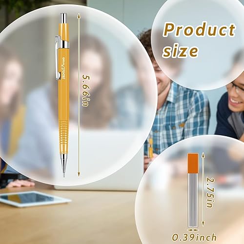 Portaminas amarillo de 0.035 in (0.035 in) Juego de lápices de dibujo automático de metal y 4 lápices de dibujo automáticos retráctiles para dibujo,