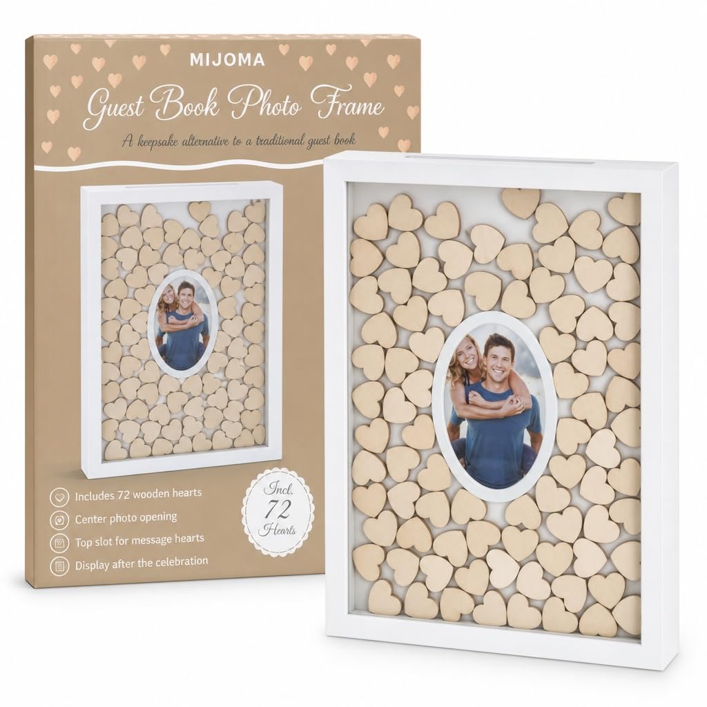 MIJOMA Cadre photo pour livre d'or – Cadre en bois blanc avec 72 cœurs en bois à écrire – Alternative au livre d'or pour mariage, baptême, anniversaire, décoration, souvenir à suspendre