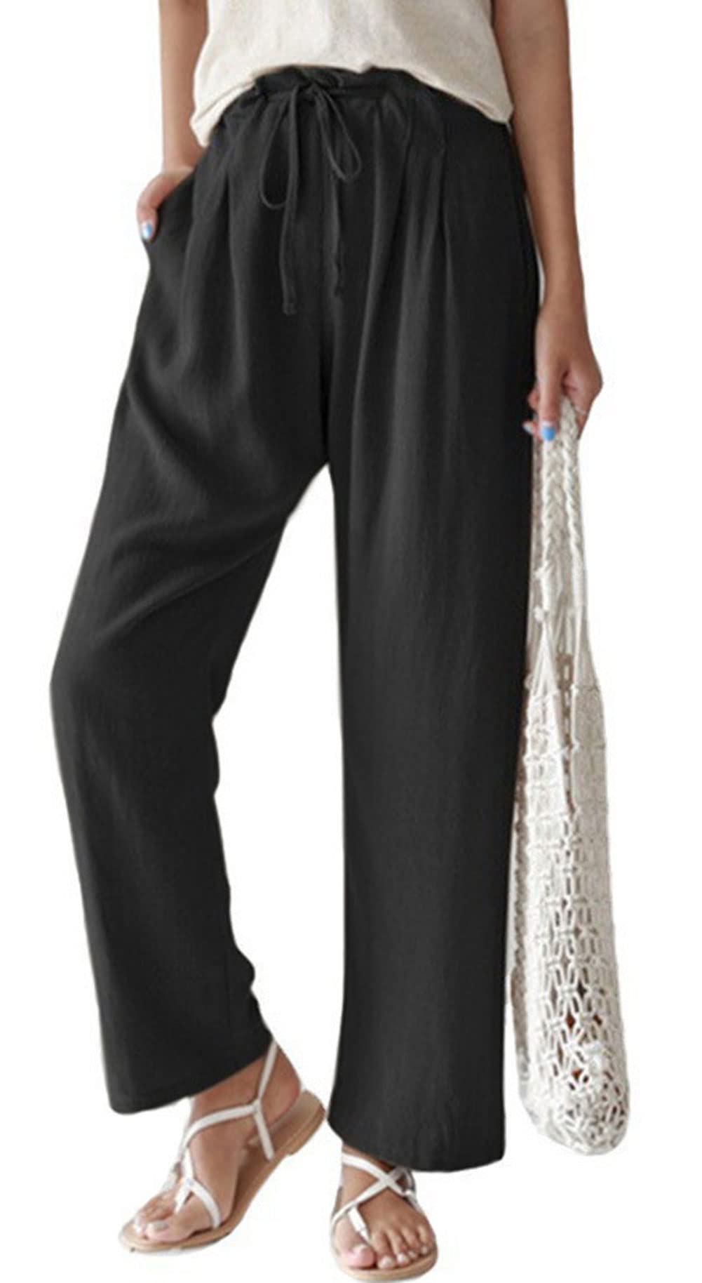CHARTOU Women Comfy Straight Leg Lounge Pants Drawstring Wide Leg Beach Pants Lightweight Elastic Waist