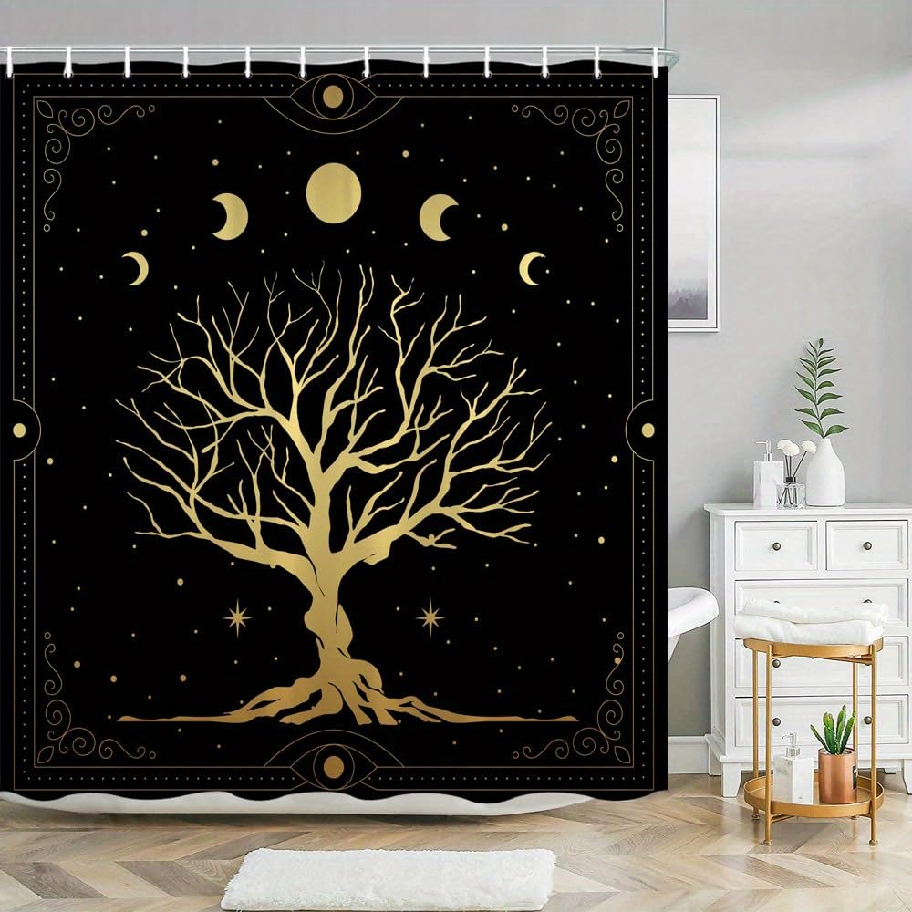 GLWDMB 1 Piece 150x180CM Golden Tree with Crescent Moons and Stars Printed Shower Curtain With Hook, Polyester, for Windows And Walls, Bathtub, Bathroom, Machine Washable, All Season Universal